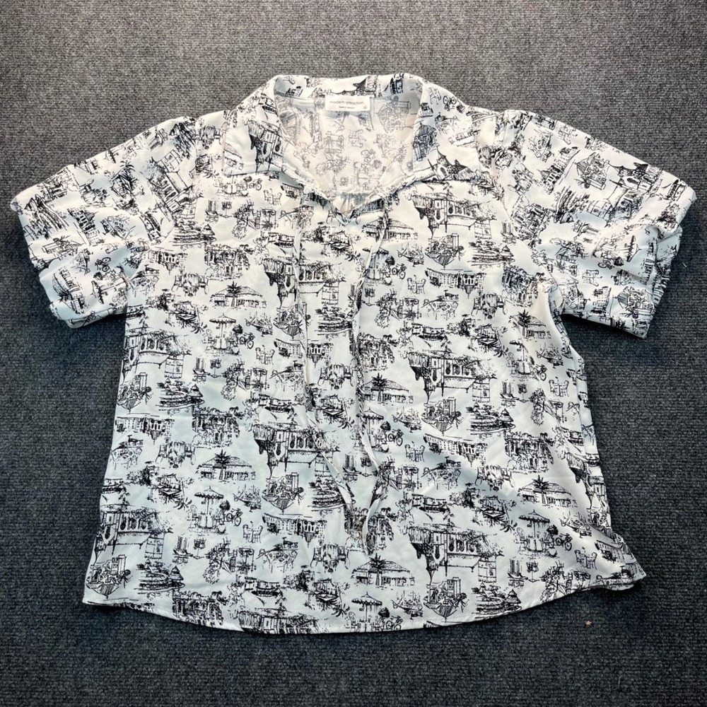 Modern Attracttion Womens XL Short Sleeve Scenic Toile Print Blouse White Black